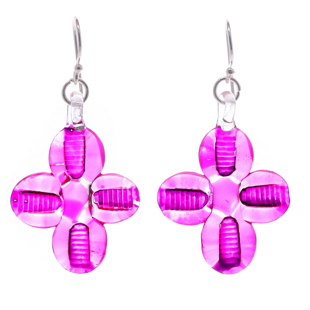 Blown Glass Floral Dangle Earrings in Pink with Silver Hooks - Vibrant Blossoms