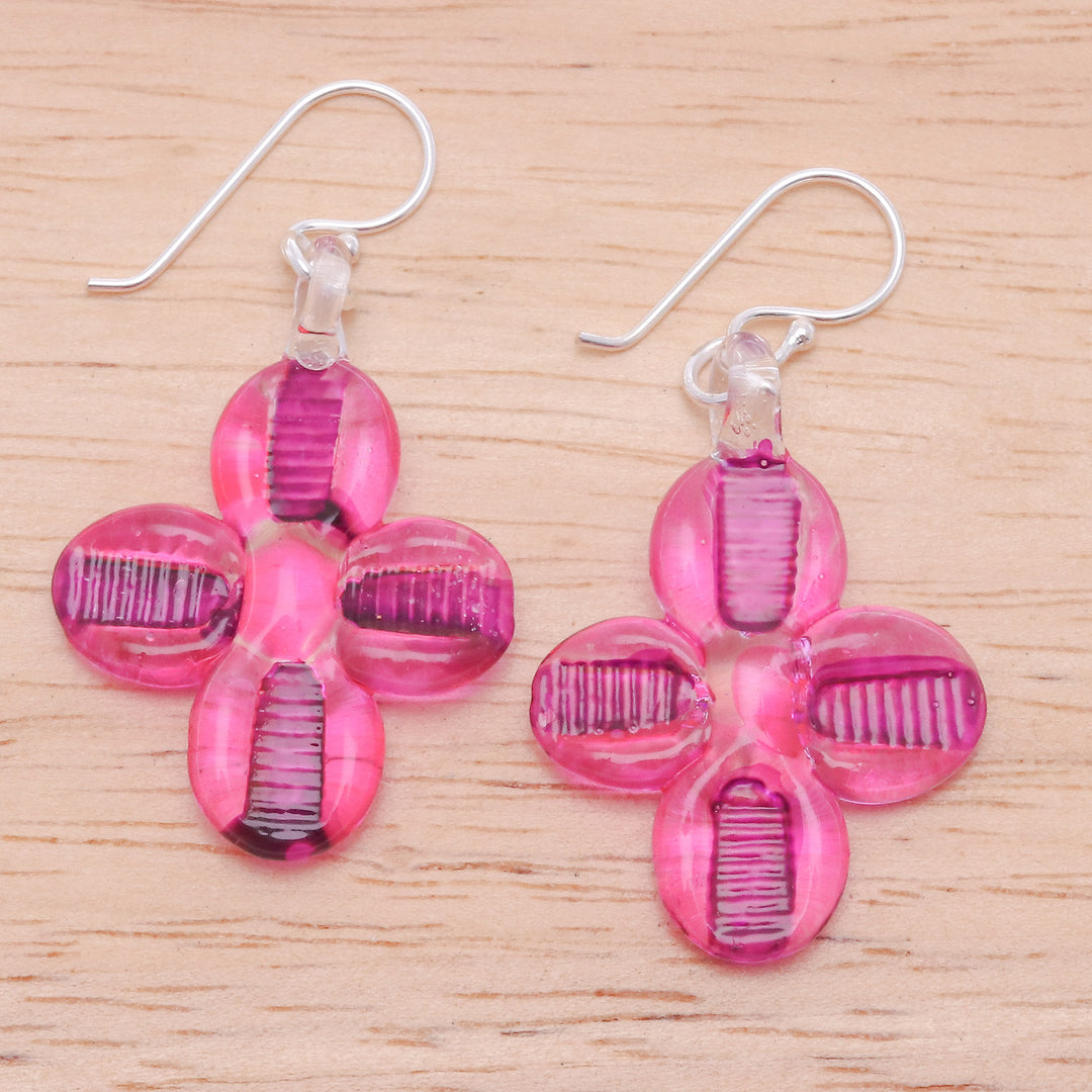 Blown Glass Floral Dangle Earrings in Pink with Silver Hooks - Vibrant Blossoms