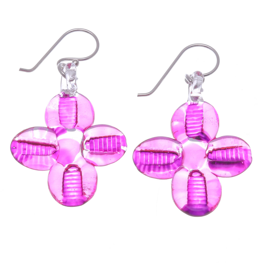Blown Glass Floral Dangle Earrings in Pink with Silver Hooks - Vibrant Blossoms