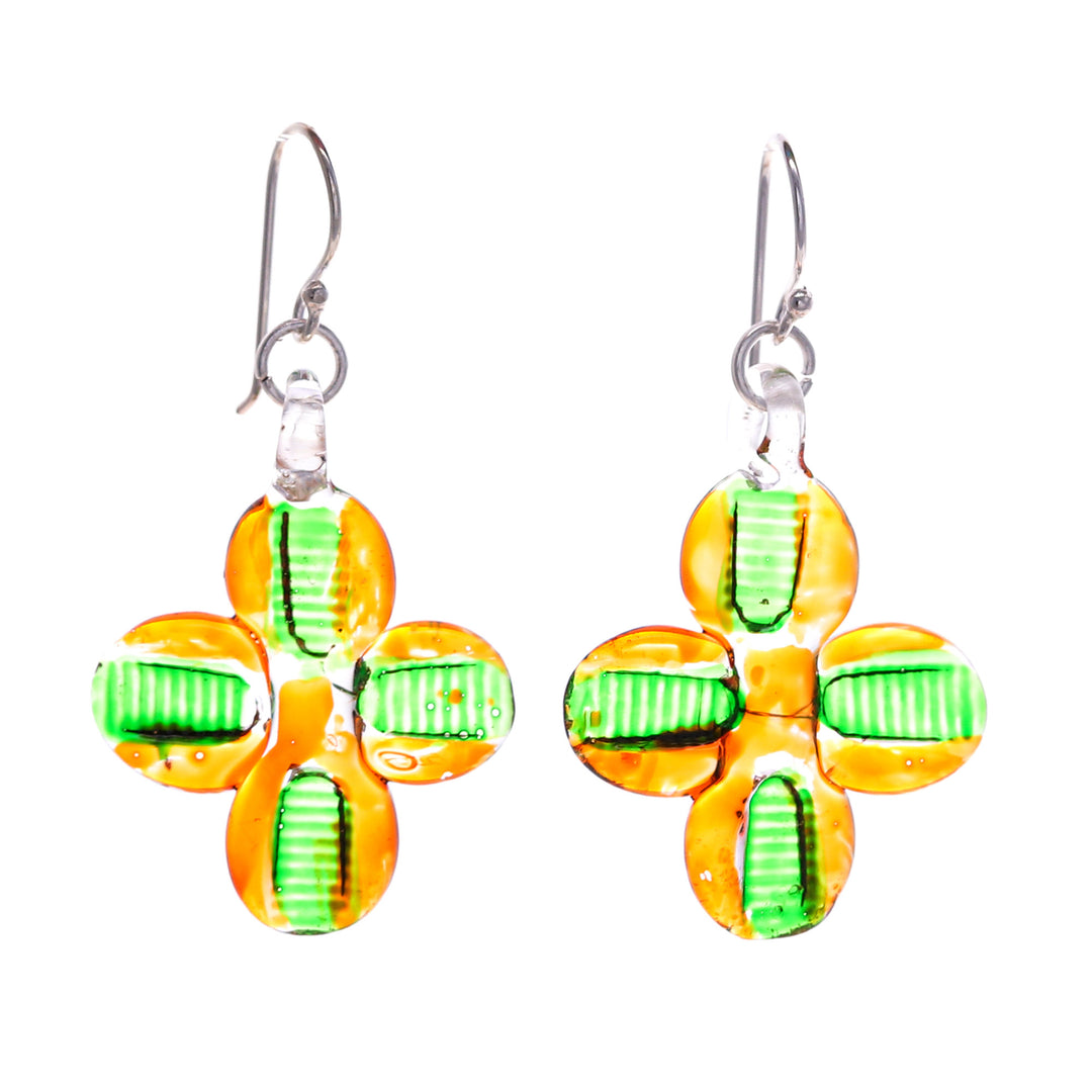 Orange and Green Handblown Glass Floral Dangle Earrings - Exotic Blossoms