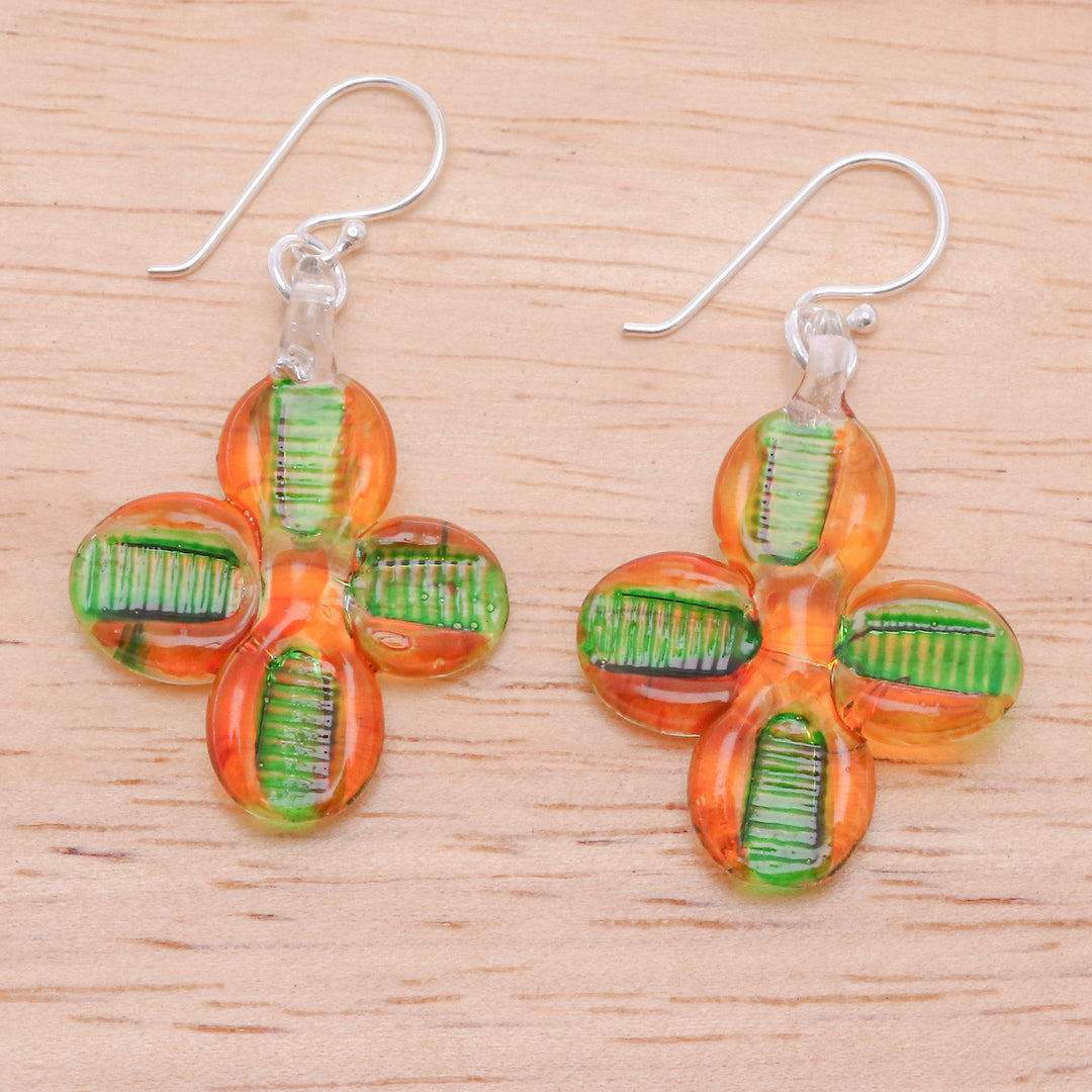 Orange and Green Handblown Glass Floral Dangle Earrings - Exotic Blossoms