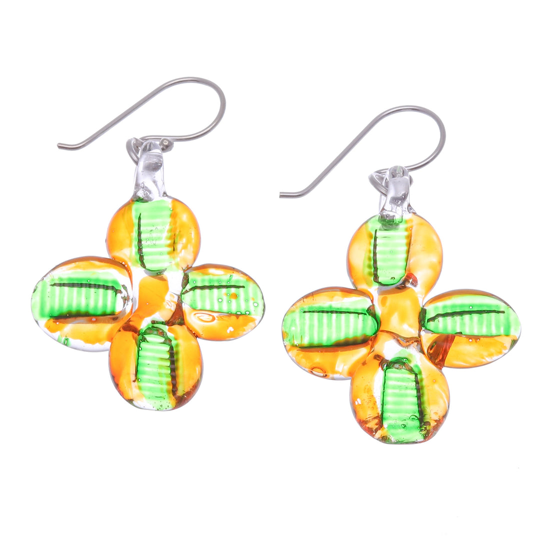 Orange and Green Handblown Glass Floral Dangle Earrings - Exotic Blossoms