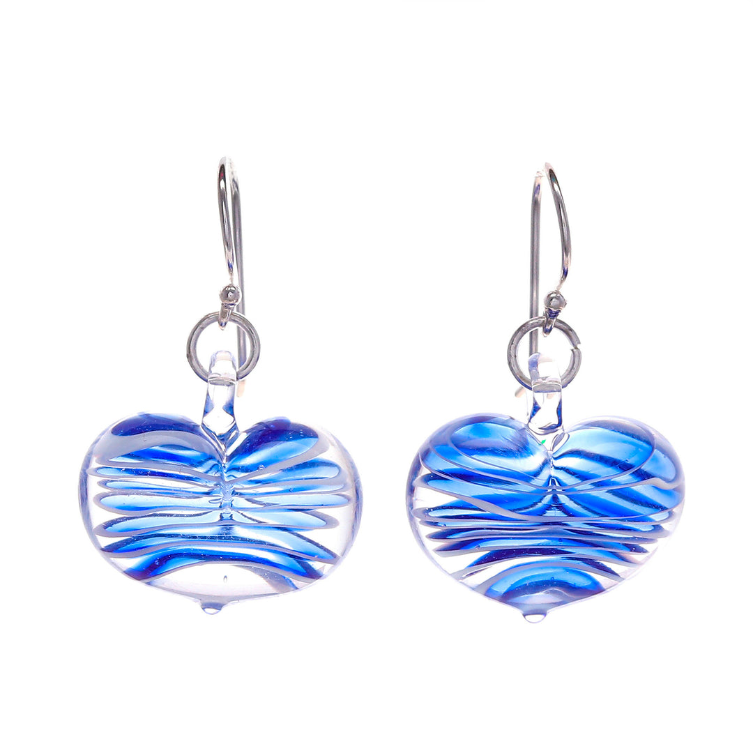 Handblown Glass Heart Dangle Earrings in Blue and White - Loving Blue