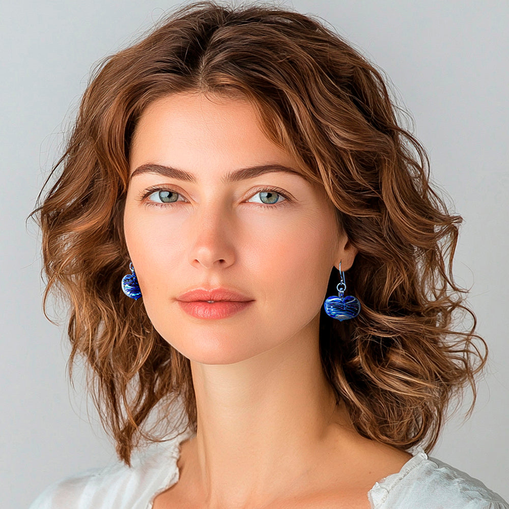Handblown Glass Heart Dangle Earrings in Blue and White - Loving Blue