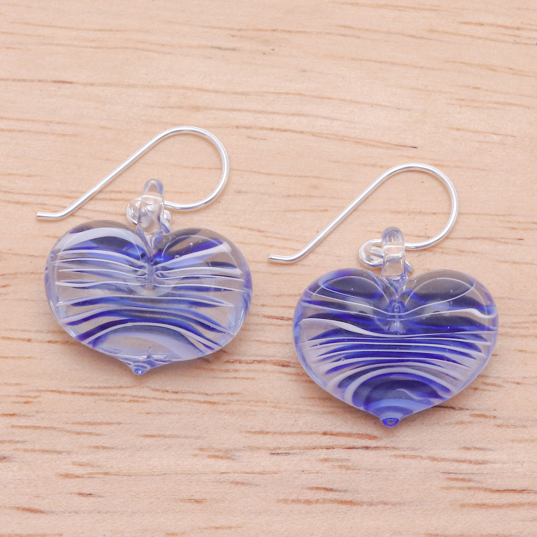 Handblown Glass Heart Dangle Earrings in Blue and White - Loving Blue