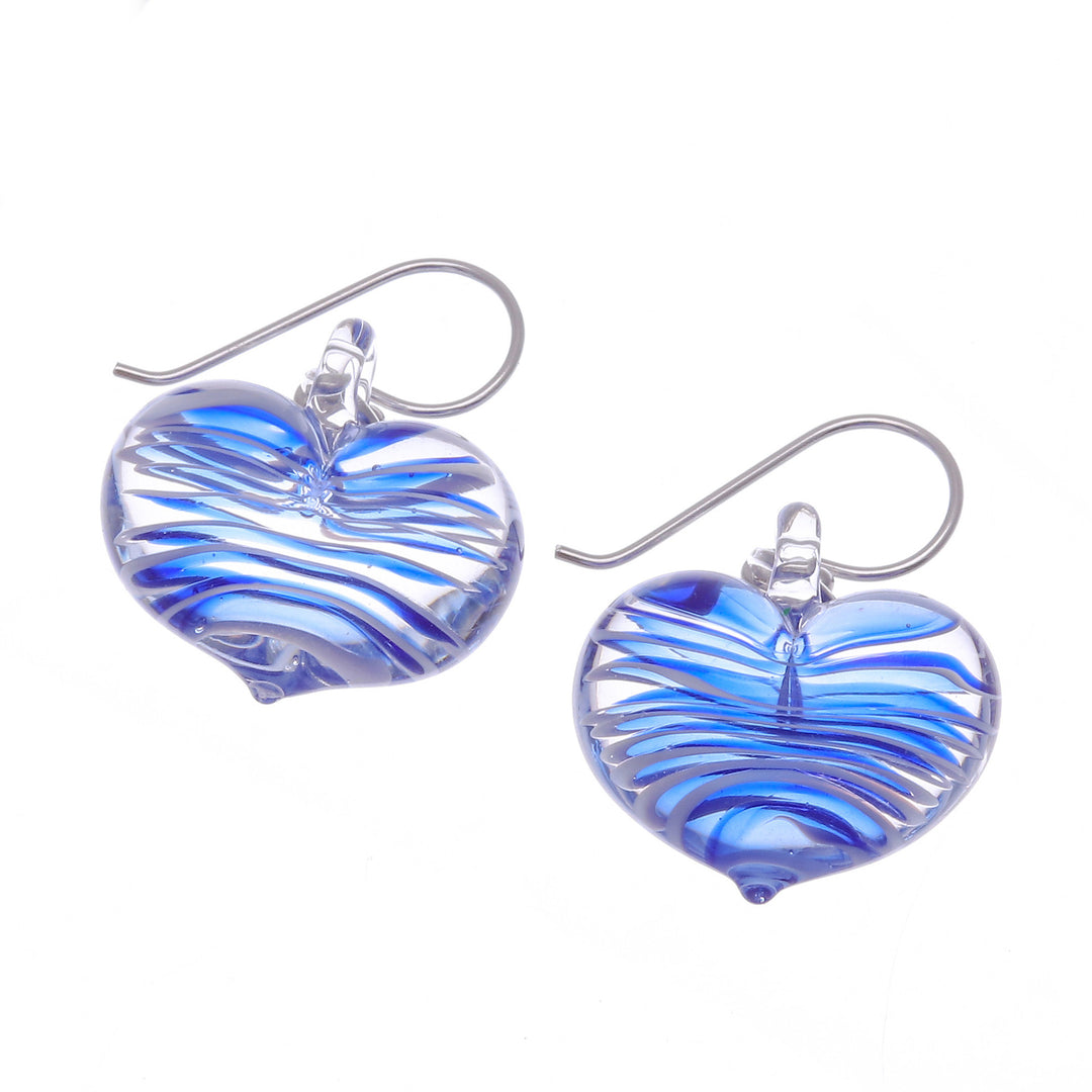 Handblown Glass Heart Dangle Earrings in Blue and White - Loving Blue
