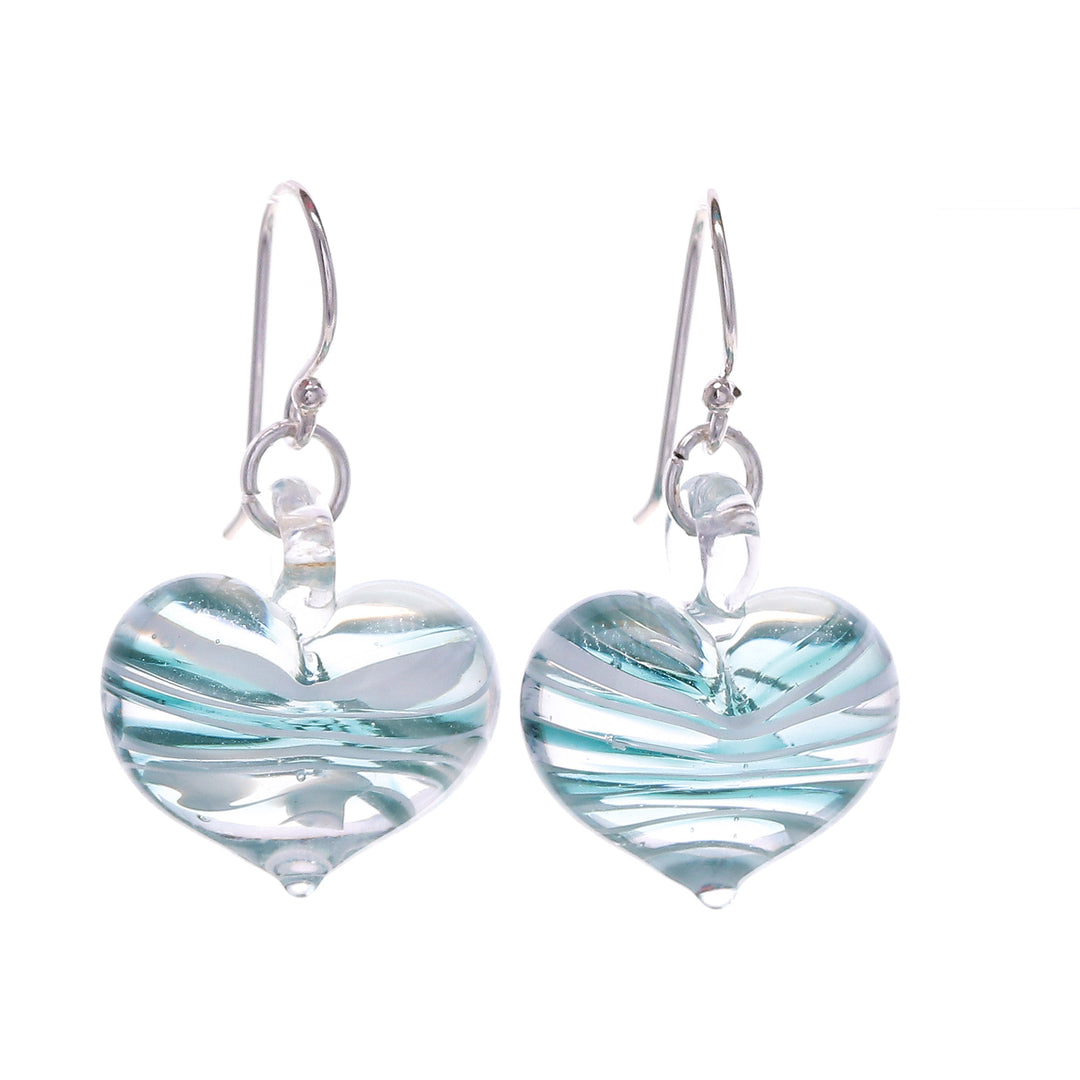 Handblown Glass Heart Dangle Earrings in Green and White - Loving Green