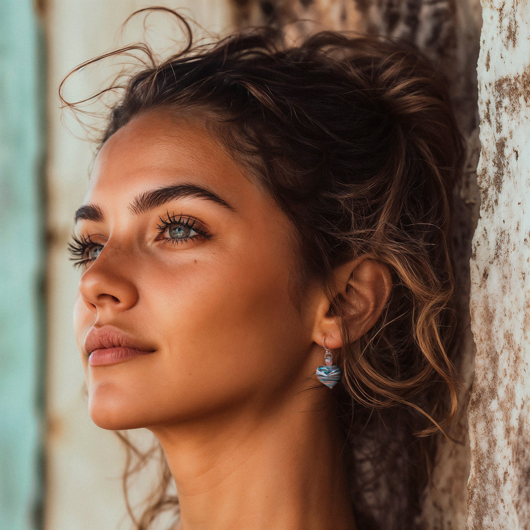 Handblown Glass Heart Dangle Earrings in Green and White - Loving Green