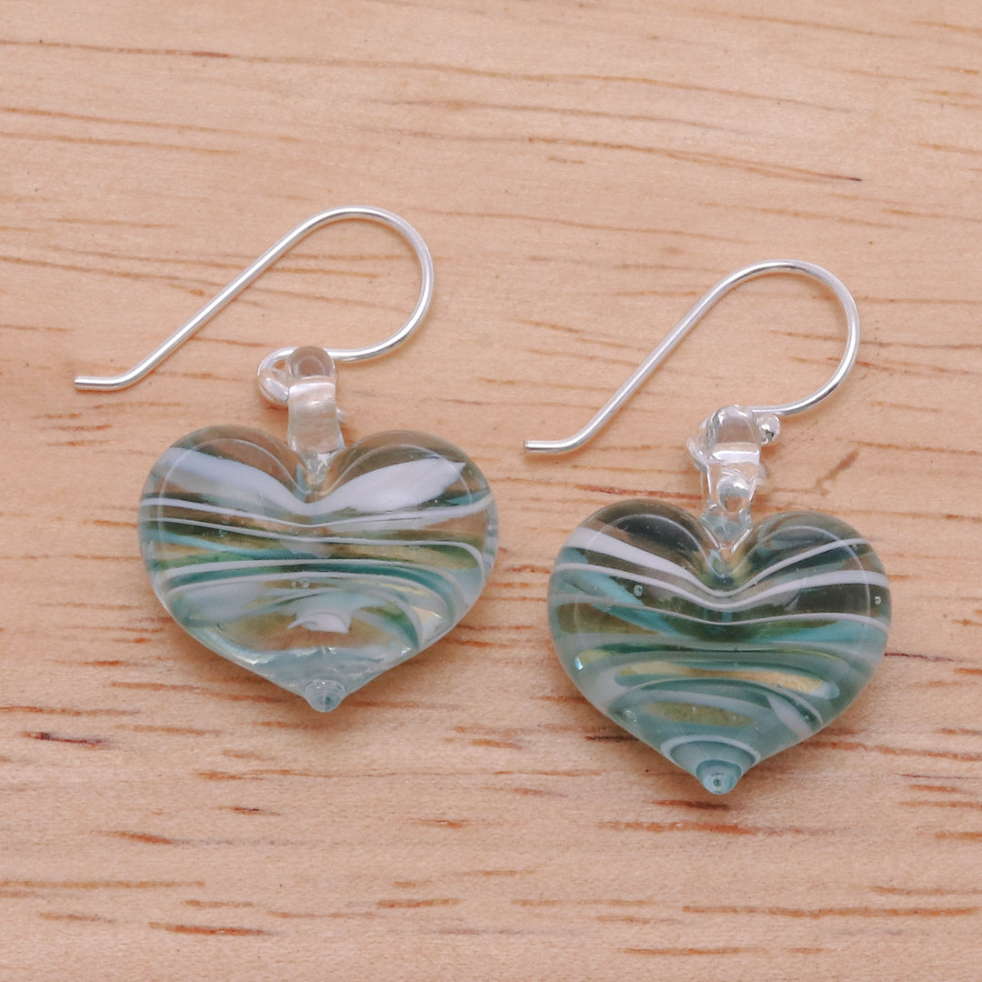 Handblown Glass Heart Dangle Earrings in Green and White - Loving Green