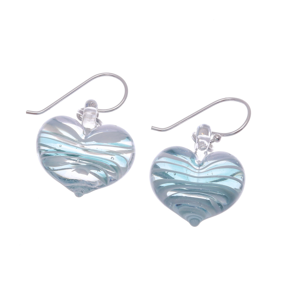 Handblown Glass Heart Dangle Earrings in Green and White - Loving Green