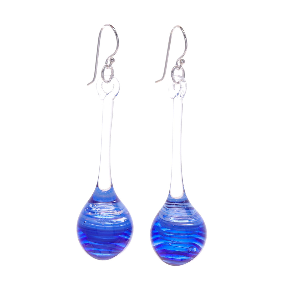 Blue White & Clear Handblown Glass Pendulum Dangle Earrings - Petite Blue Pendulum