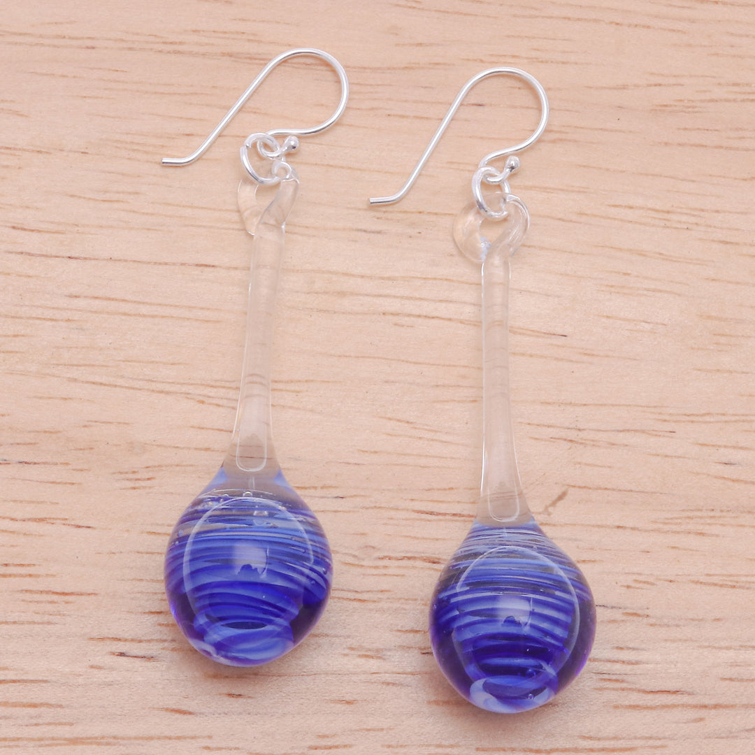 Blue White & Clear Handblown Glass Pendulum Dangle Earrings - Petite Blue Pendulum