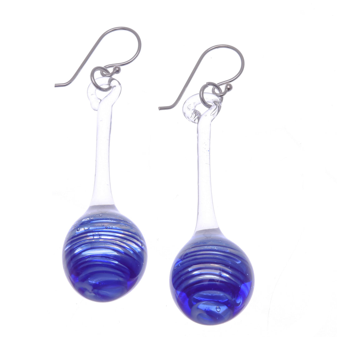 Blue White & Clear Handblown Glass Pendulum Dangle Earrings - Petite Blue Pendulum