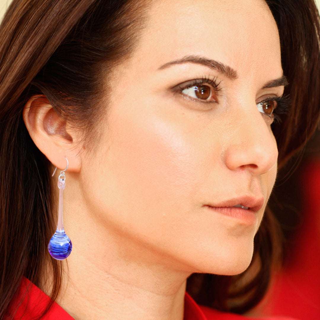 Blue White & Clear Handblown Glass Pendulum Dangle Earrings - Petite Blue Pendulum