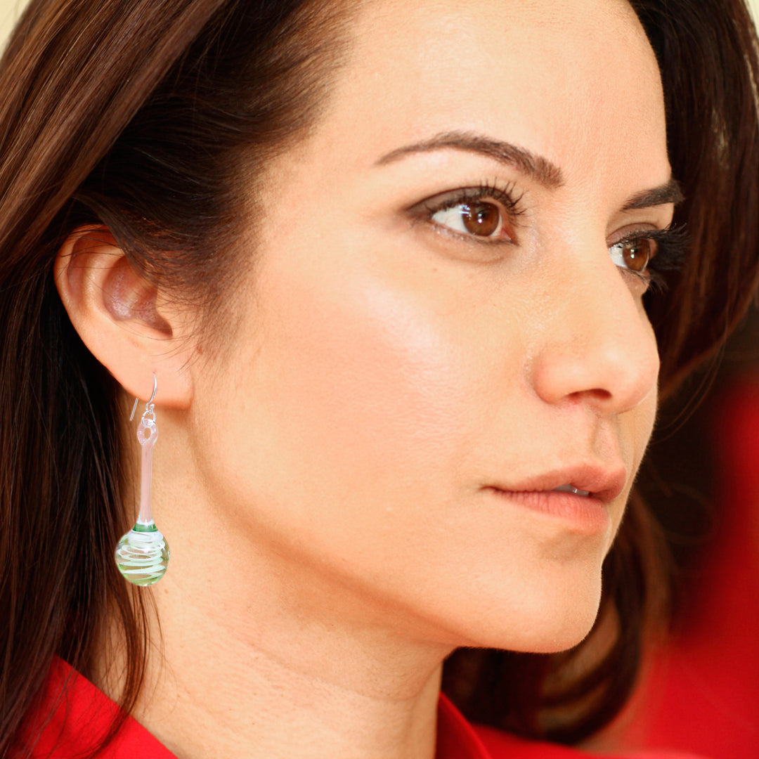 Green White & Clear Handblown Glass Pendulum Dangle Earrings - Petite Green Pendulum