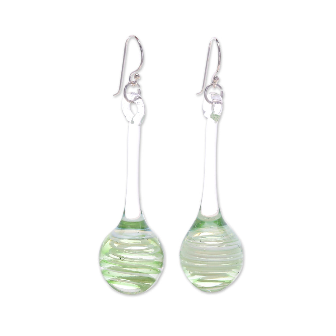 Green White & Clear Handblown Glass Pendulum Dangle Earrings - Petite Green Pendulum