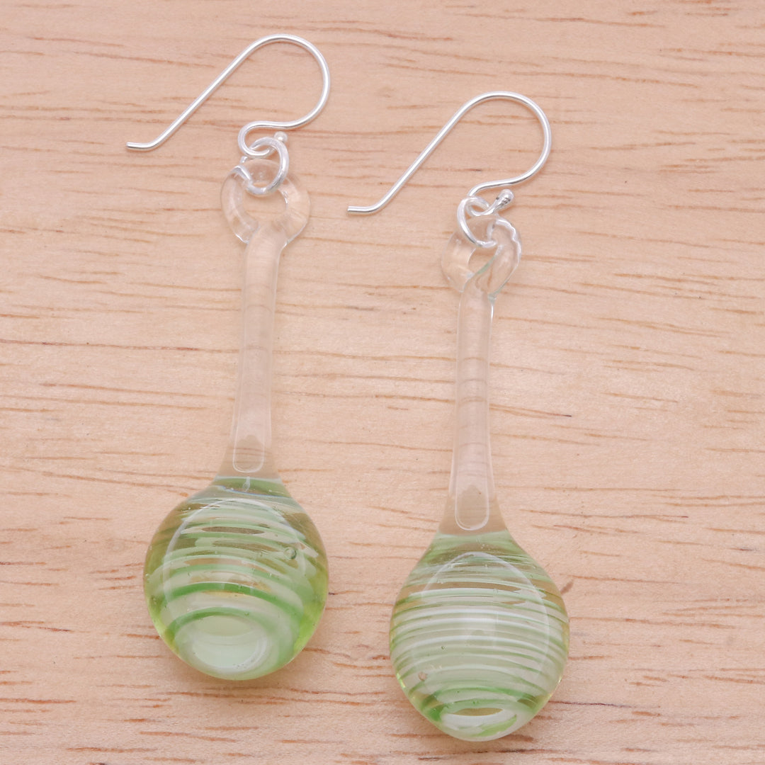 Green White & Clear Handblown Glass Pendulum Dangle Earrings - Petite Green Pendulum