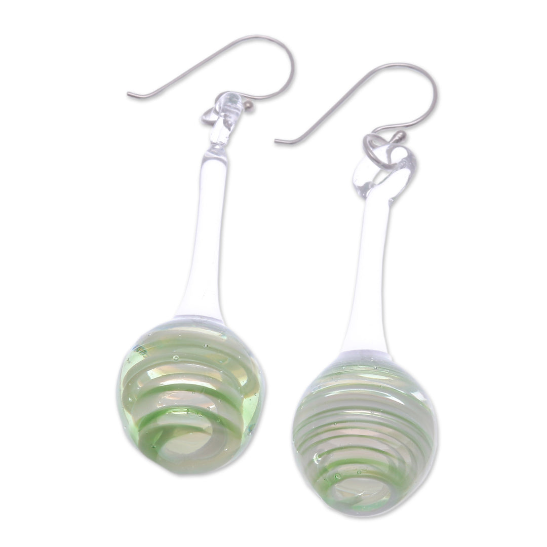 Green White & Clear Handblown Glass Pendulum Dangle Earrings - Petite Green Pendulum