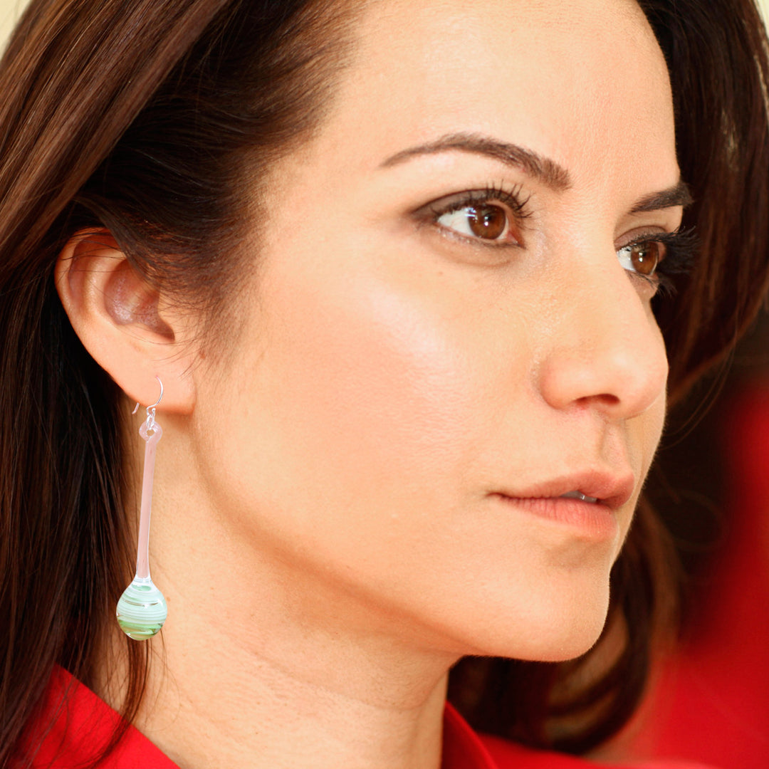 Green White & Clear Abstract Handblown Glass Dangle Earrings - Green Pendulum