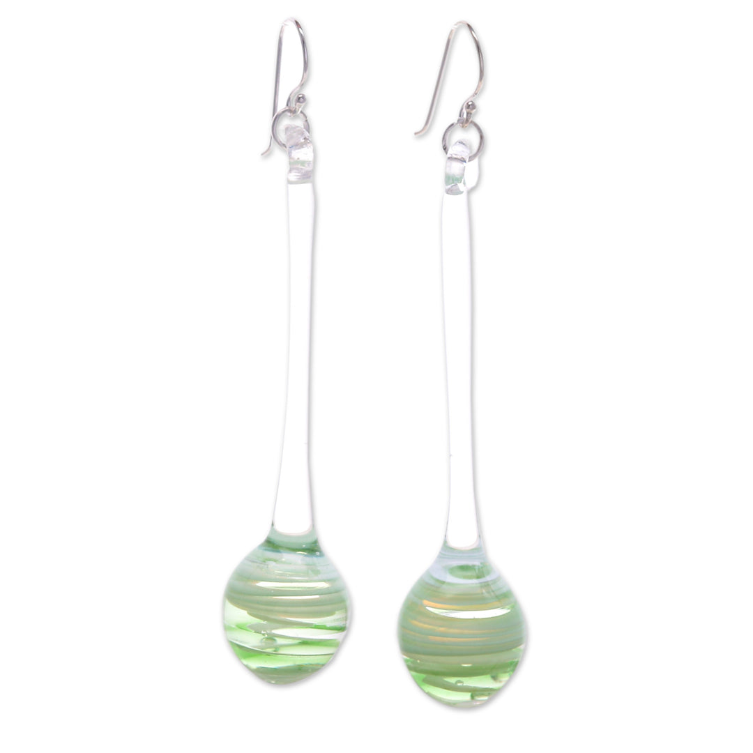 Green White & Clear Abstract Handblown Glass Dangle Earrings - Green Pendulum