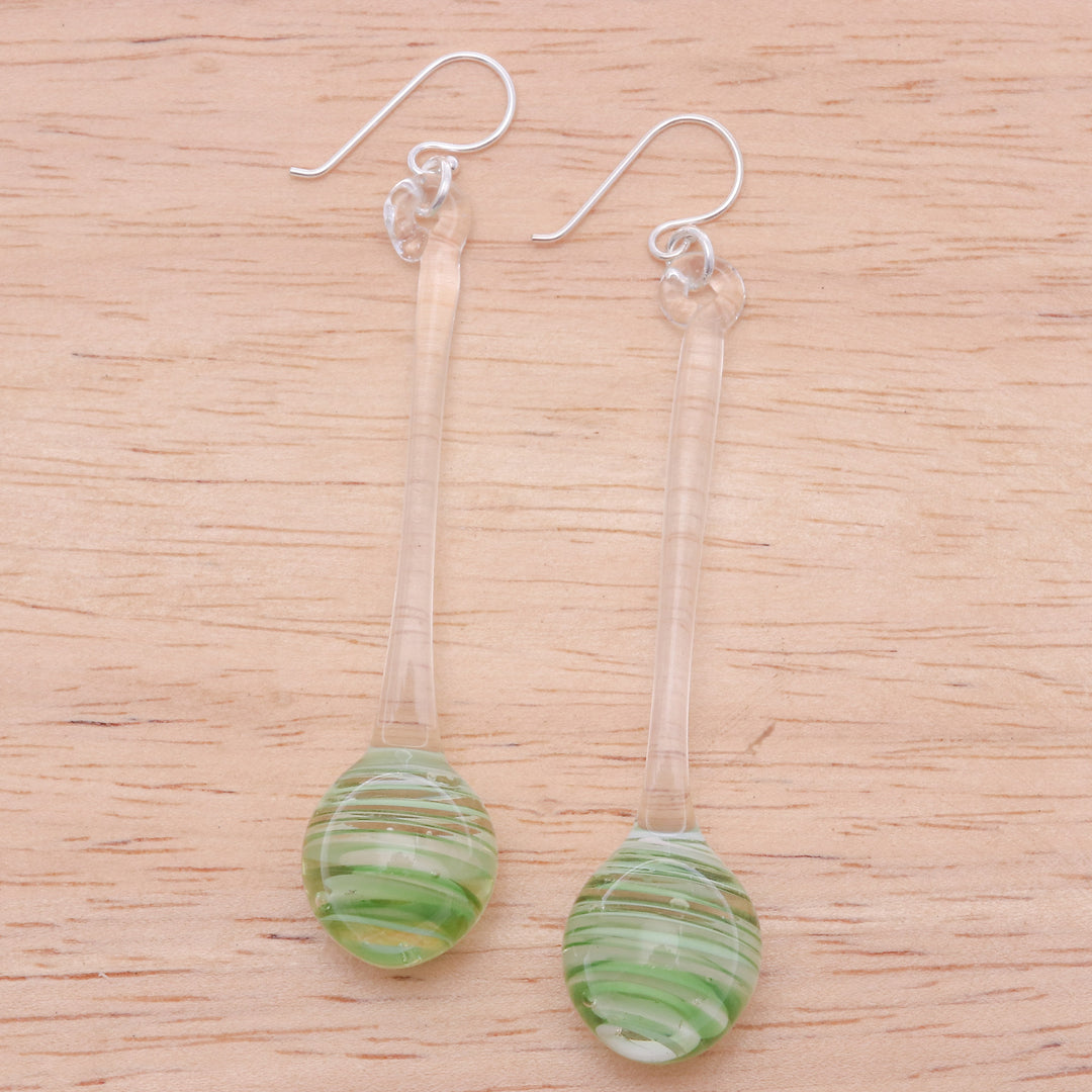 Green White & Clear Abstract Handblown Glass Dangle Earrings - Green Pendulum