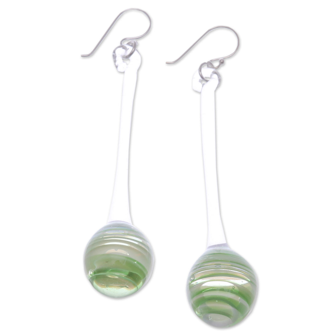 Green White & Clear Abstract Handblown Glass Dangle Earrings - Green Pendulum