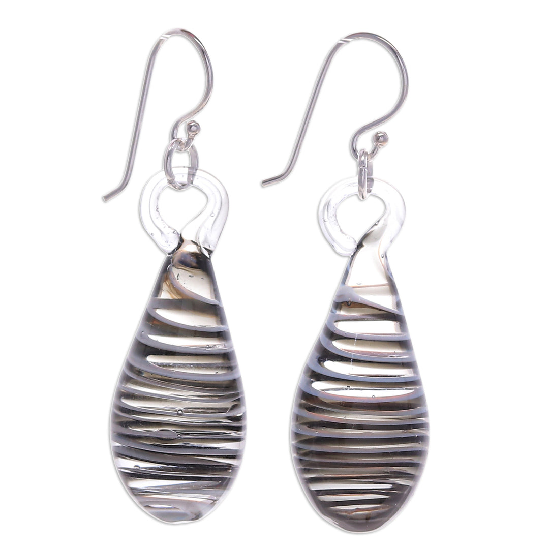 Handblown Glass Dangle Earrings with Black & White Spirals - Dew Drop in Black