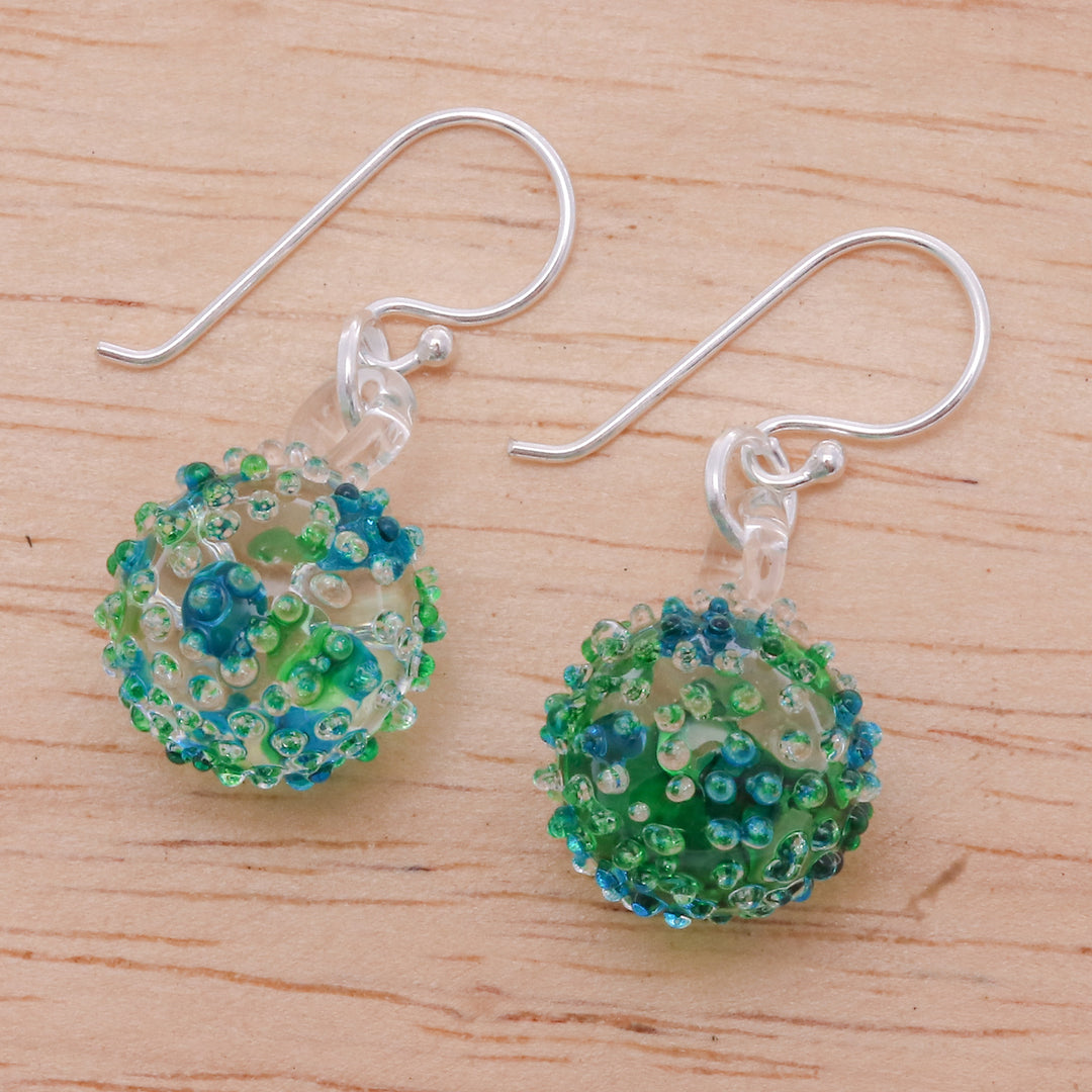 Handblown Glass Spike Ball Dangle Earrings in Green and Blue - Green & Blue Berries