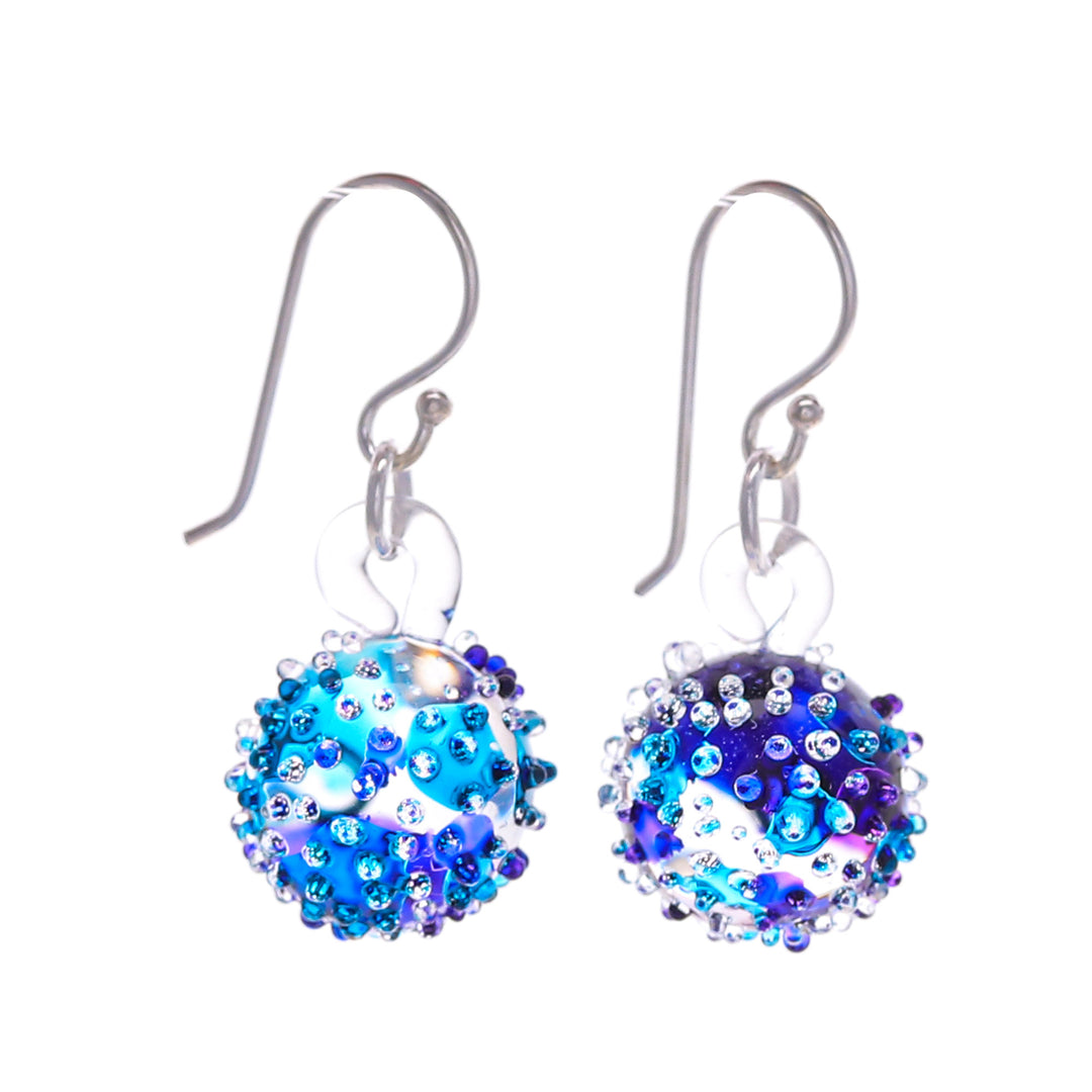 Handblown Glass Spike Ball Dangle Earrings in Purple & Blue - Purple & Blue Berries