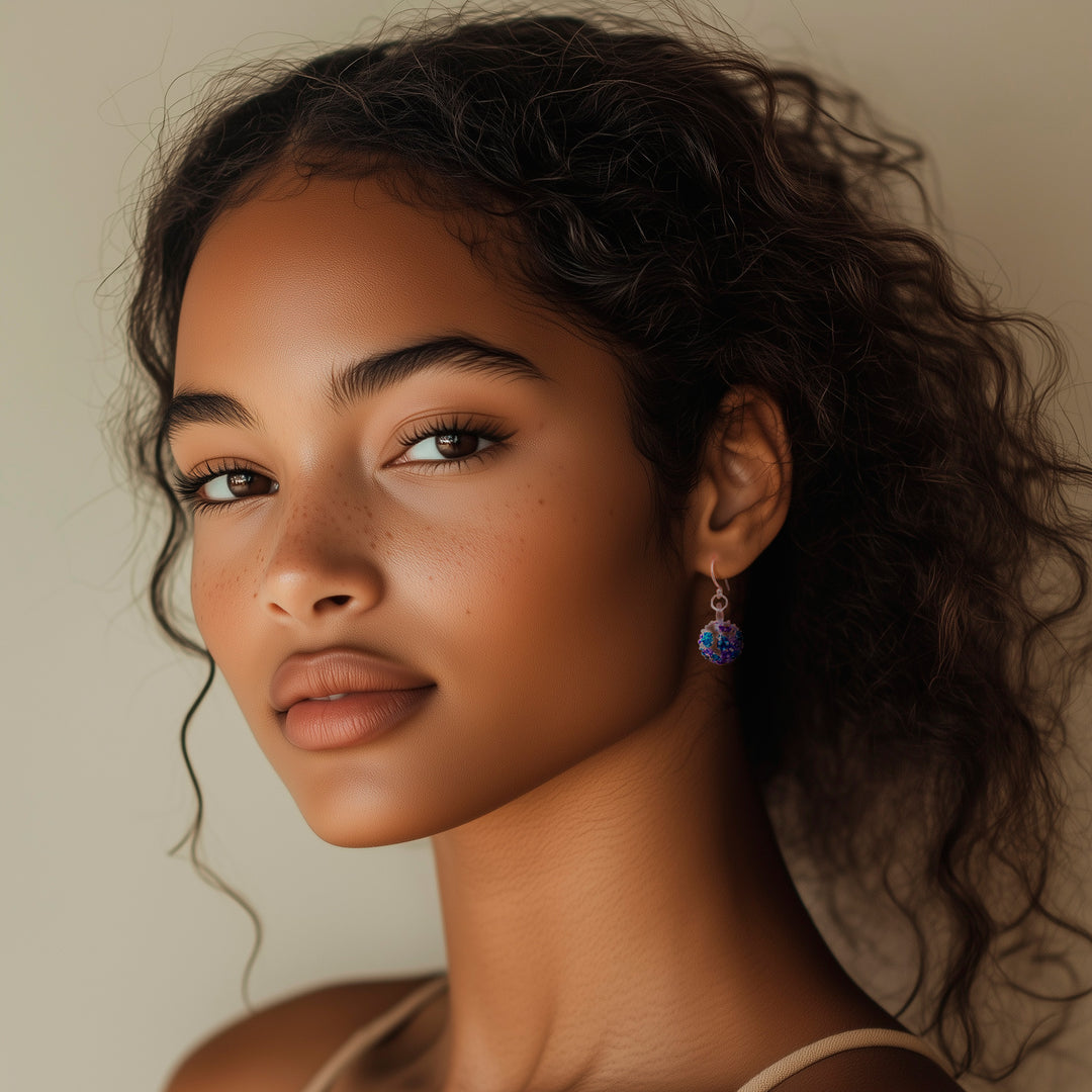 Handblown Glass Spike Ball Dangle Earrings in Purple & Blue - Purple & Blue Berries