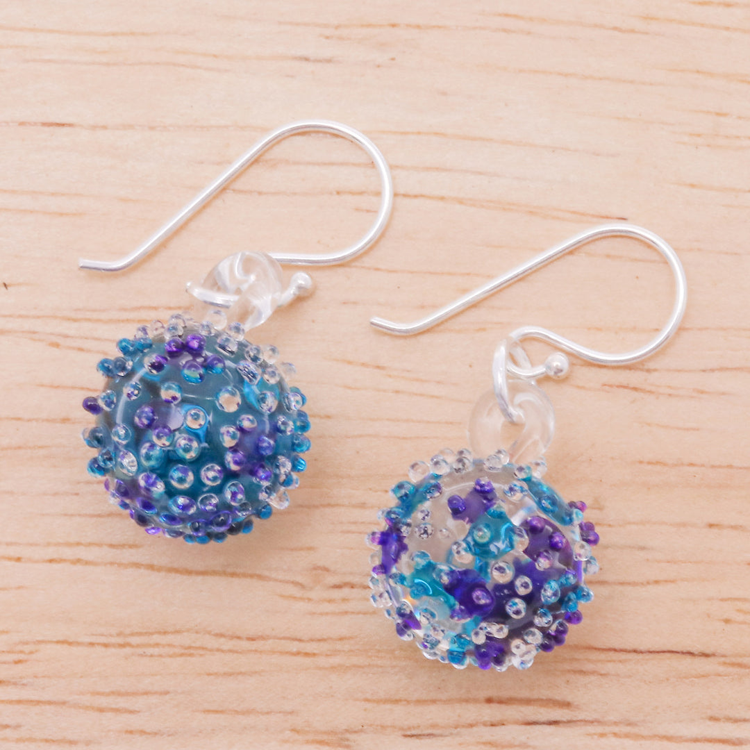Handblown Glass Spike Ball Dangle Earrings in Purple & Blue - Purple & Blue Berries