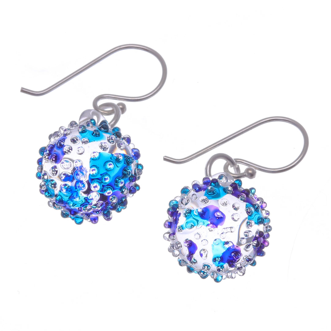 Handblown Glass Spike Ball Dangle Earrings in Purple & Blue - Purple & Blue Berries