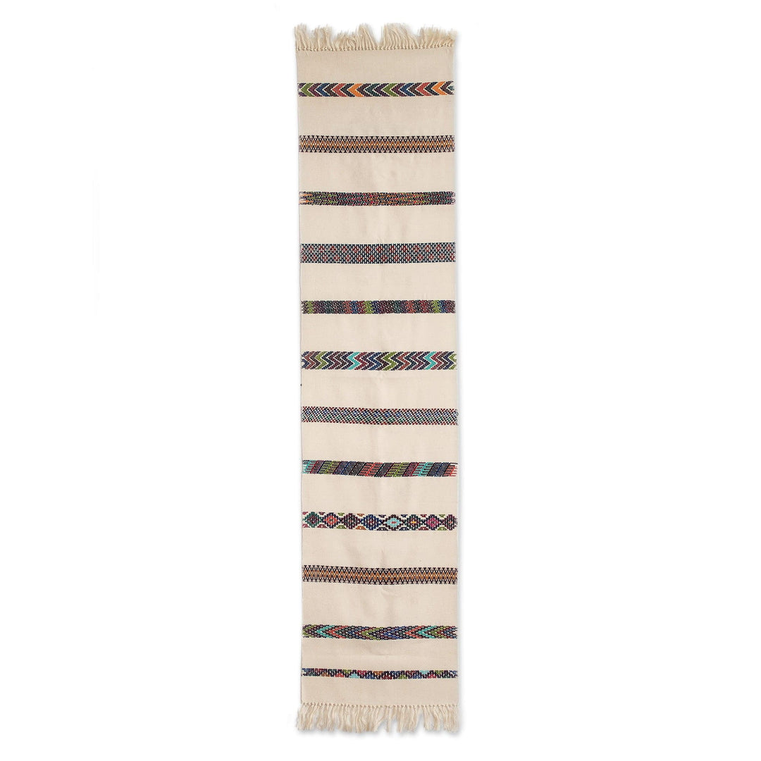 Handloomed Striped Ivory Cotton Table Runner with Fringes - Route to the Sky