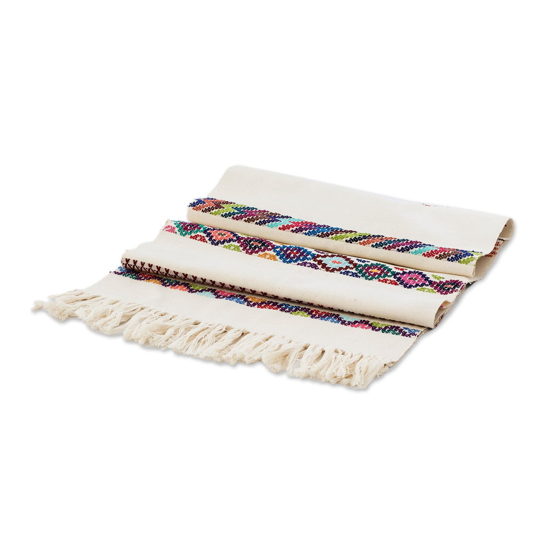 Handloomed Striped Ivory Cotton Table Runner with Fringes - Route to the Sky