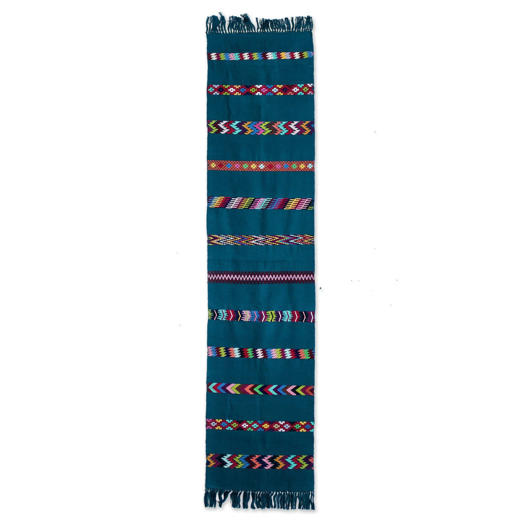 Handloomed Striped Teal Cotton Table Runner with Fringes - Route to the Lake