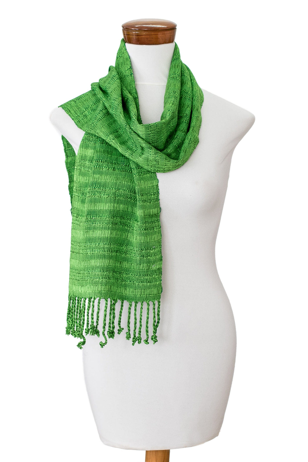Handwoven Rayon Made from Bamboo Scarf with Fringes in Green - Green Reflections