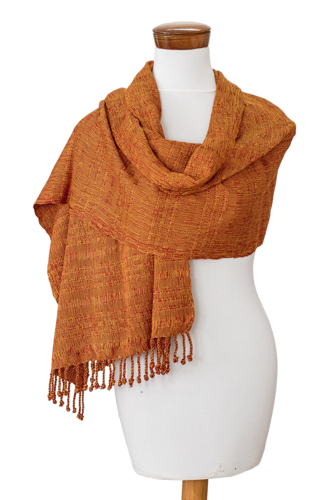 Hand-Woven Textured Fringed Cotton Scarf in Yellow and Red - Geometric Fire