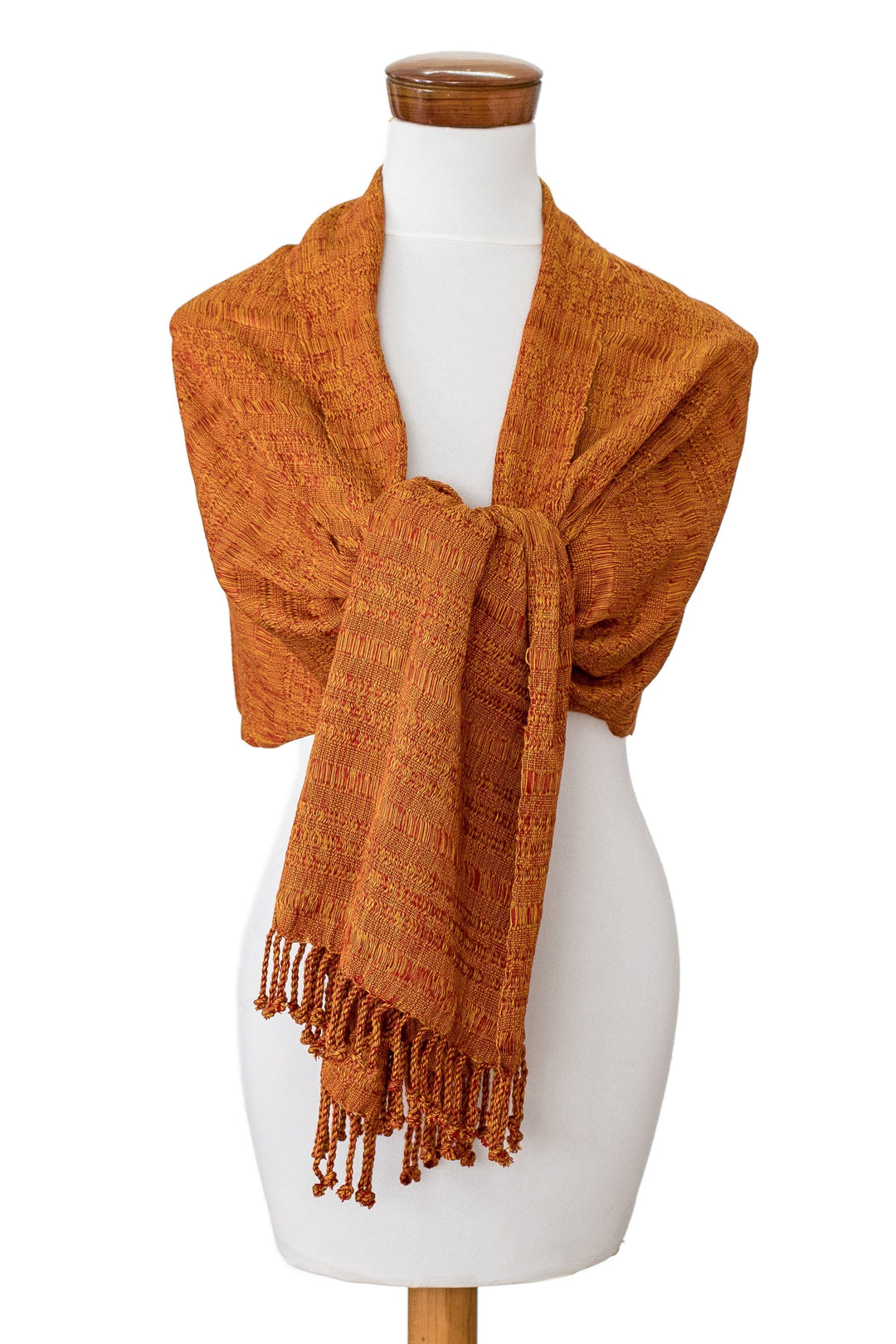 Hand-Woven Textured Fringed Cotton Scarf in Yellow and Red - Geometric Fire
