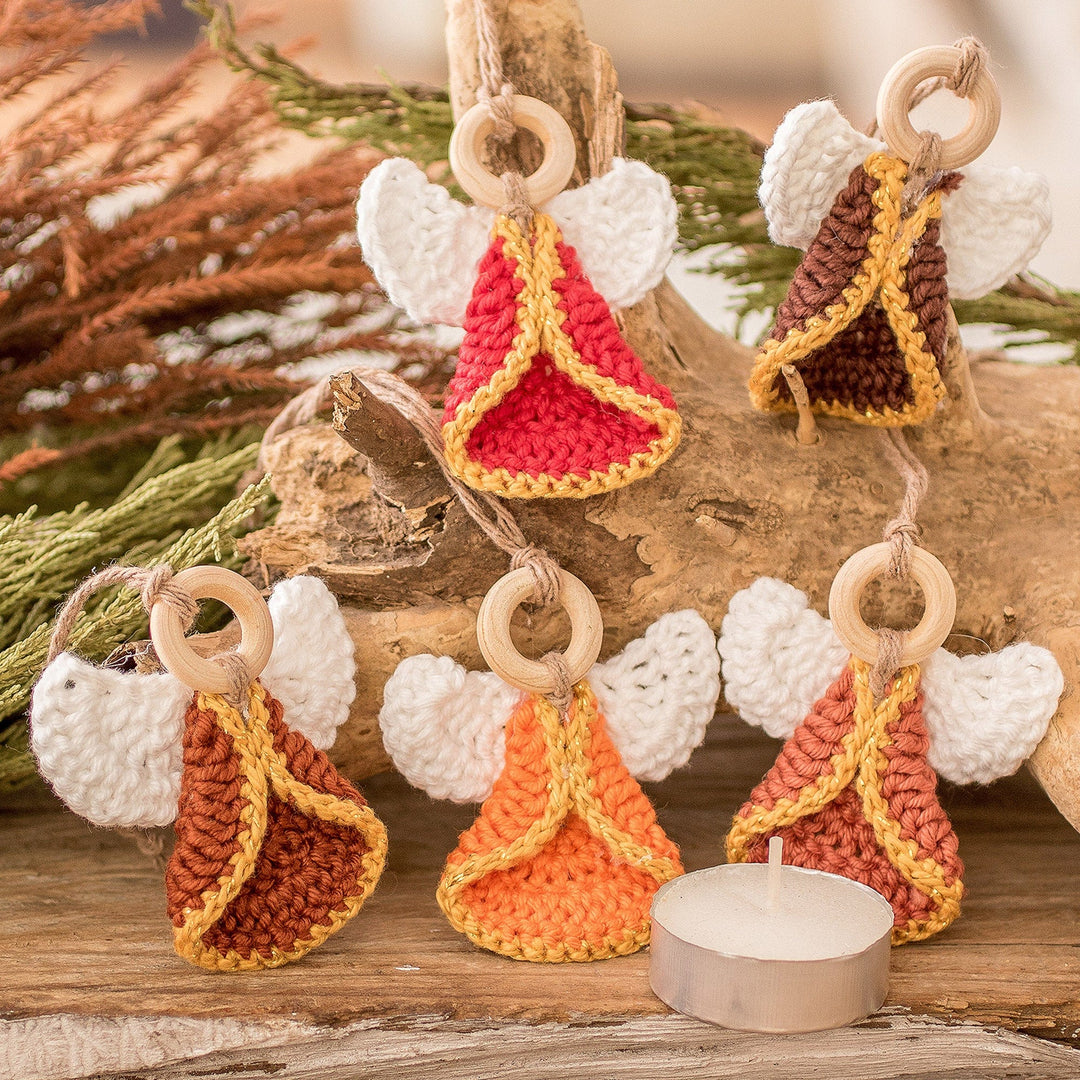 Set of 5 Handmade Warm-Toned Cotton and Wood Angel Ornaments - Tender Hope