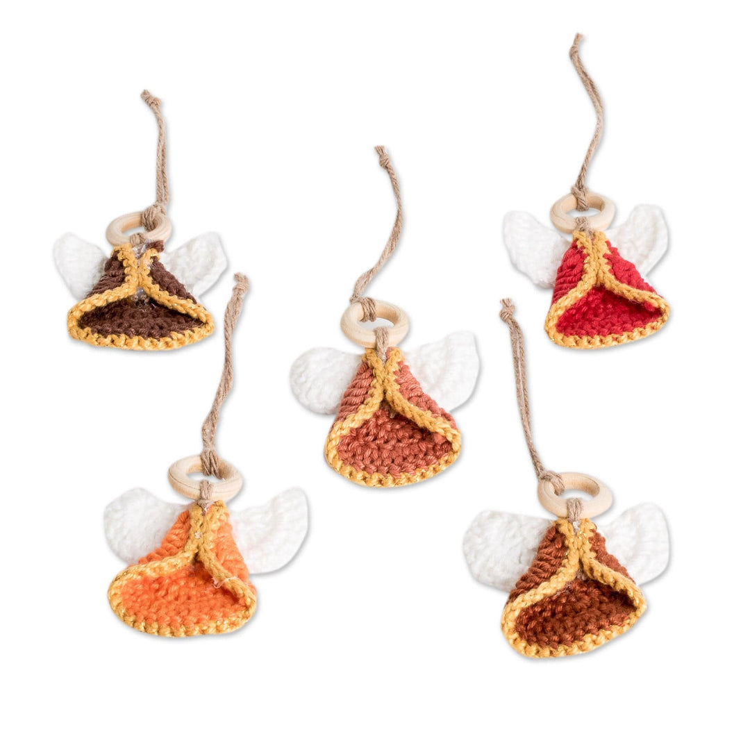 Set of 5 Handmade Warm-Toned Cotton and Wood Angel Ornaments - Tender Hope
