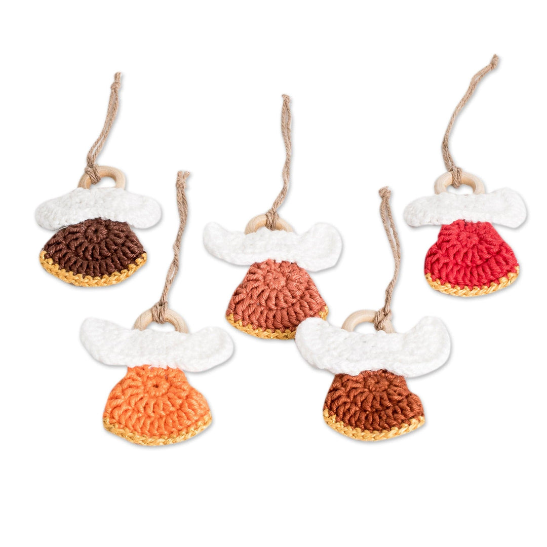Set of 5 Handmade Warm-Toned Cotton and Wood Angel Ornaments - Tender Hope