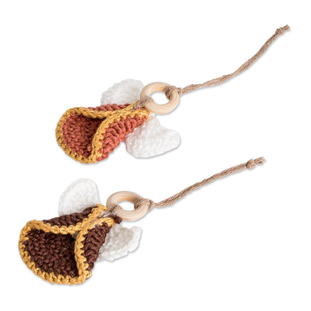 Set of 5 Handmade Warm-Toned Cotton and Wood Angel Ornaments - Tender Hope