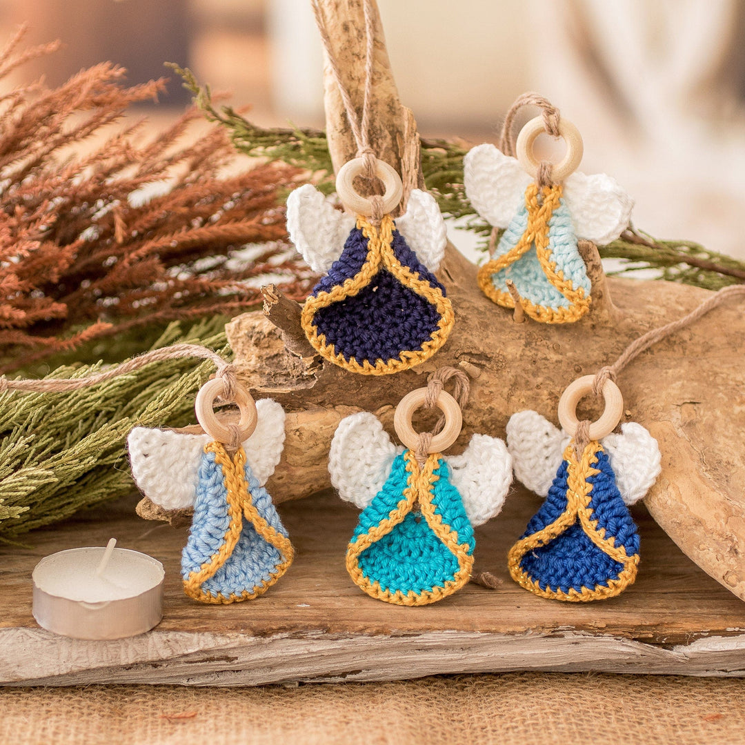 Set of 5 Handmade Blue-Toned Cotton and Wood Angel Ornaments - Magical Hope