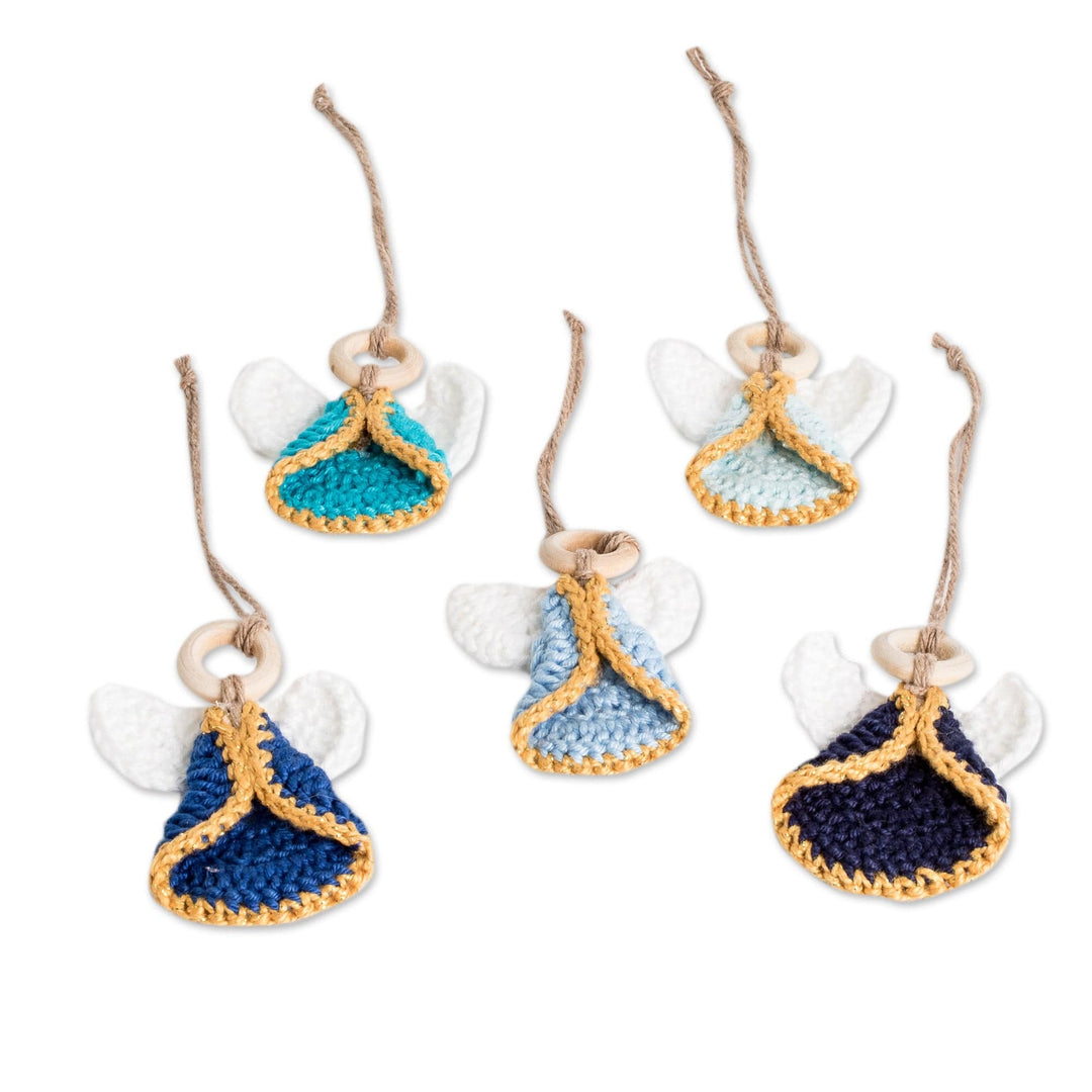 Set of 5 Handmade Blue-Toned Cotton and Wood Angel Ornaments - Magical Hope