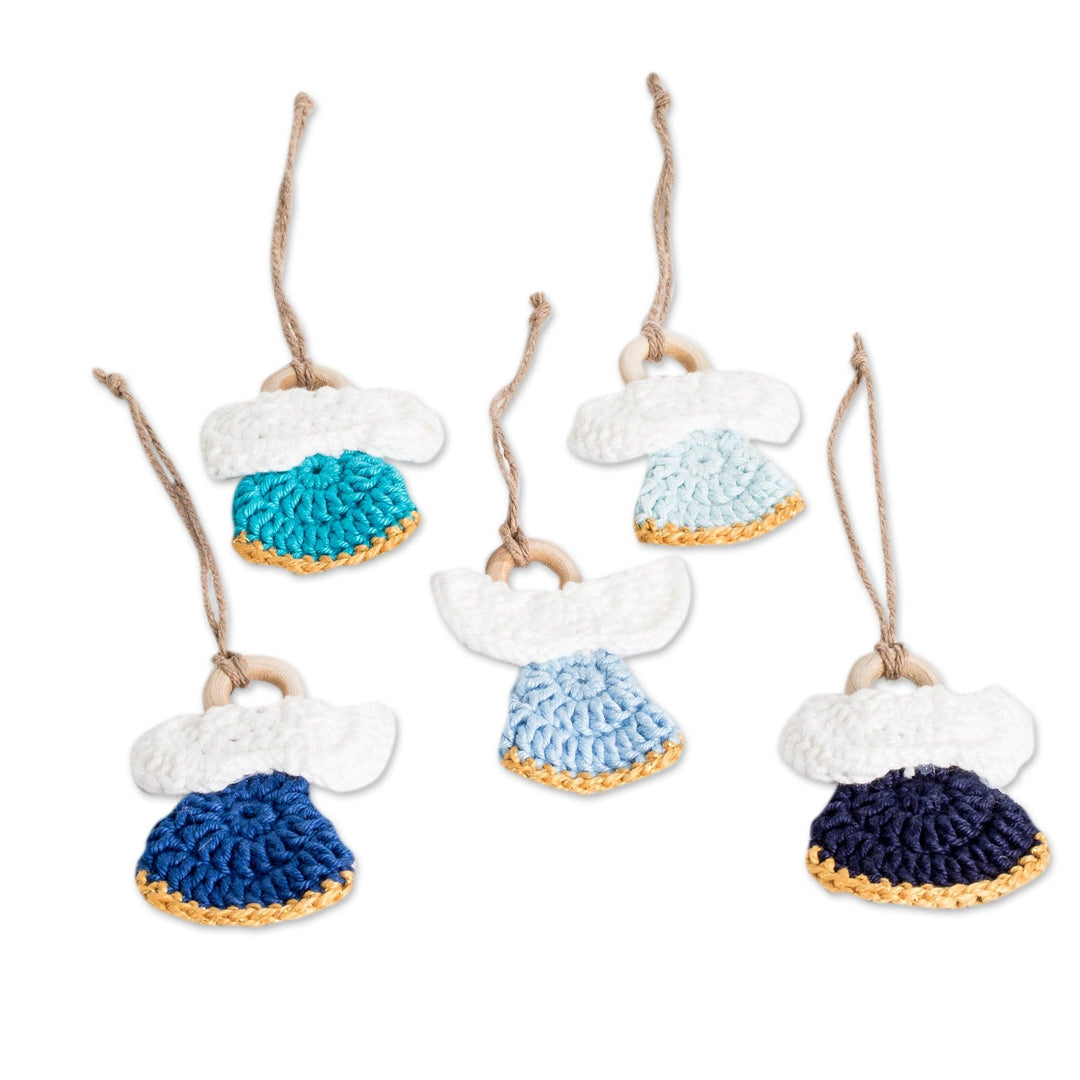 Set of 5 Handmade Blue-Toned Cotton and Wood Angel Ornaments - Magical Hope