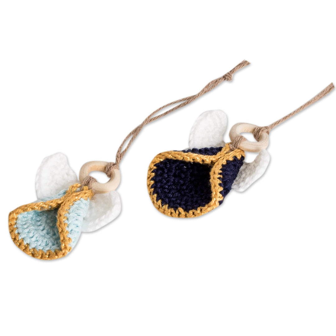 Set of 5 Handmade Blue-Toned Cotton and Wood Angel Ornaments - Magical Hope