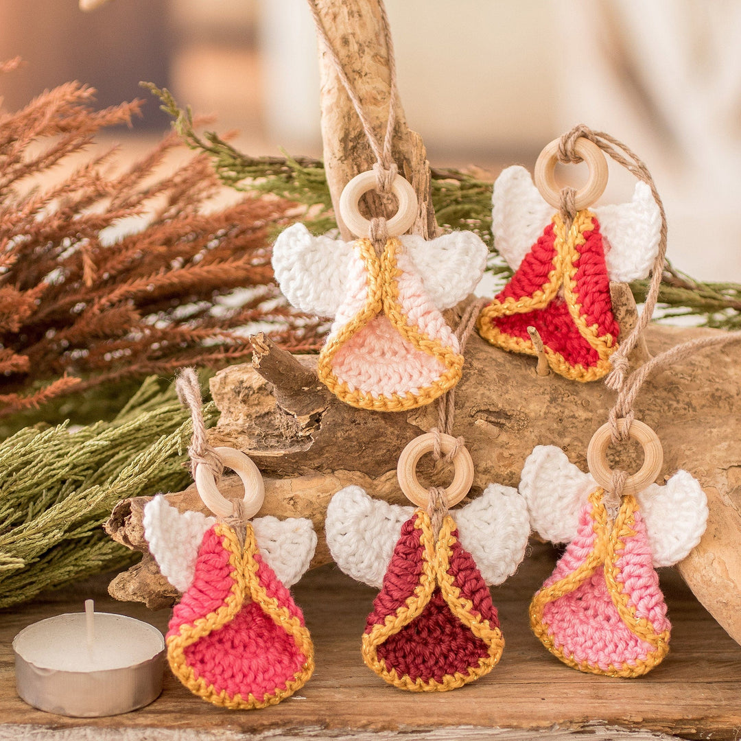 Set of 5 Handmade Pink-Toned Cotton and Wood Angel Ornaments - Adorable Hope