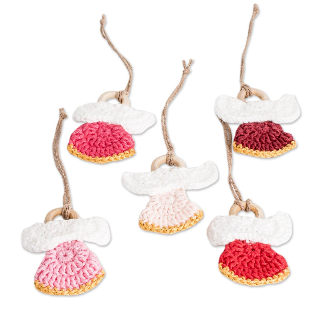 Set of 5 Handmade Pink-Toned Cotton and Wood Angel Ornaments - Adorable Hope