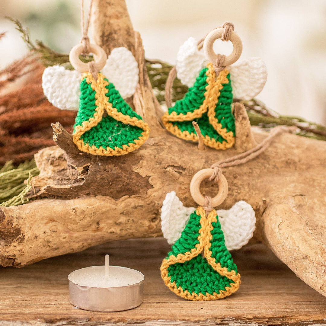 Set of 3 Handcrafted Green Cotton and Wood Angel Ornaments - Harmonious Creation