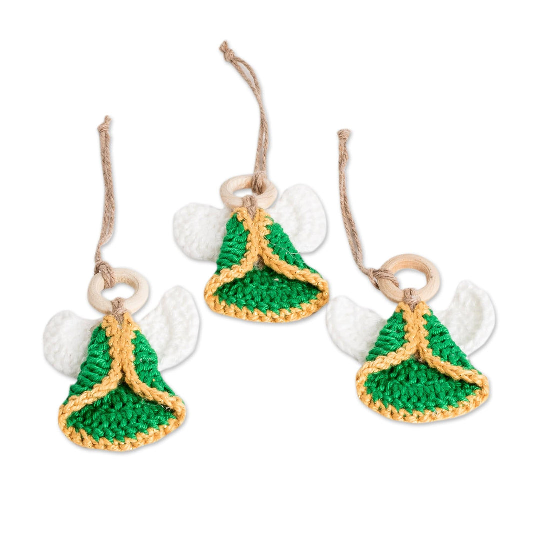 Set of 3 Handcrafted Green Cotton and Wood Angel Ornaments - Harmonious Creation